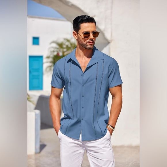 Cuban Guayabera Blue Short Sleeve Button Down Linen Shirt, NIP - Picture 3 of 10